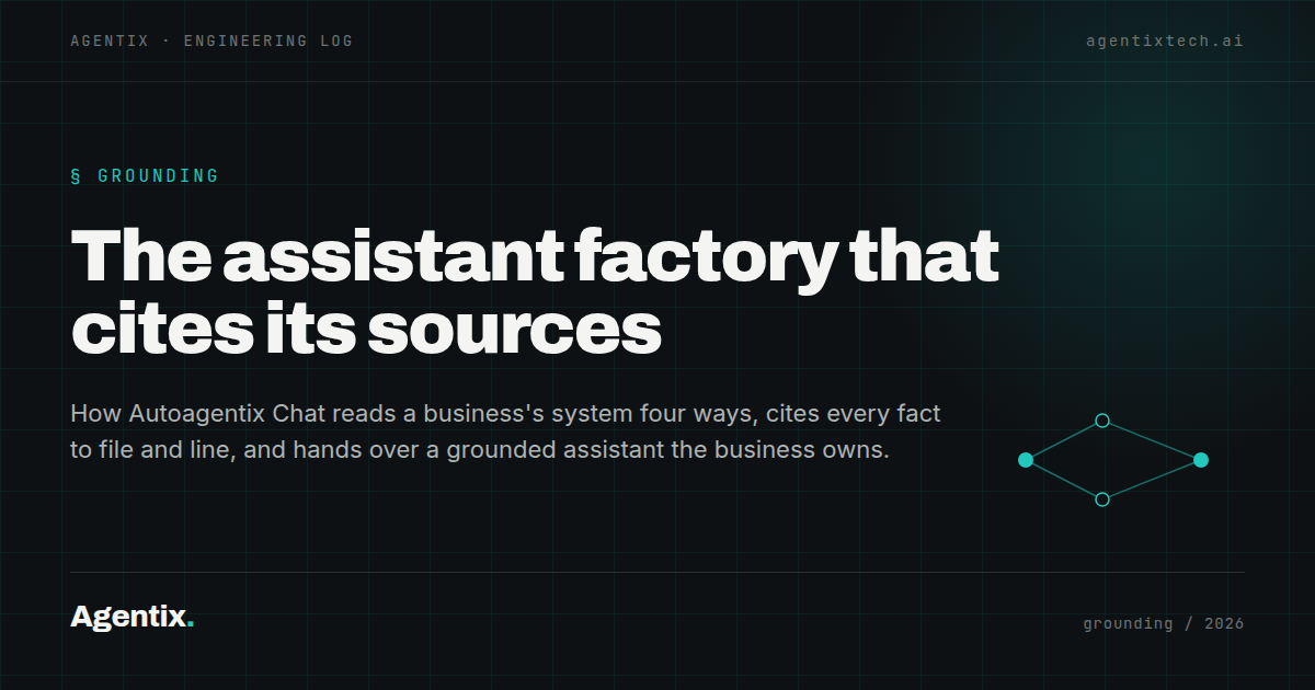 Autoagentix Chat reads a system four ways, cites every fact, generates an assistant, proves it, and hands it over